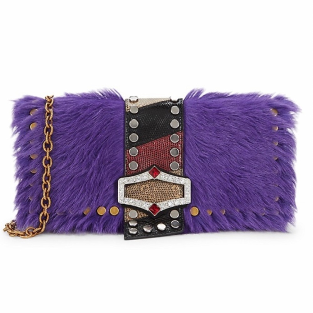 PRADA EMBELLISHED CALF HAIR CROSSBODY BAG W/DECORATIVE BUCKLE AND CHAIN STRAP
